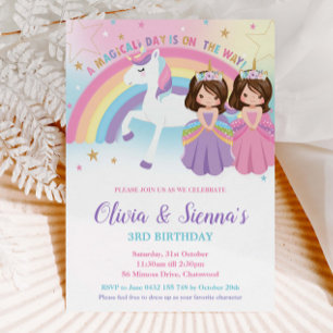 Invitation Twins Brunette Princesses et Unicorne Anniversaire