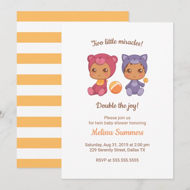 Invitation Twins Cat Bear Sexe Baby shower neutre (Devant / Derrière)