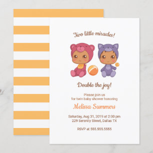 Invitation Twins Cat Bear Sexe Baby shower neutre