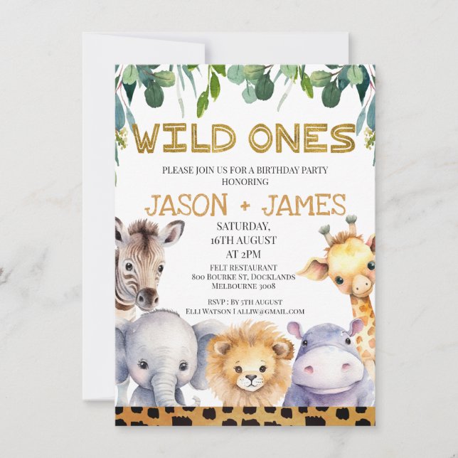 Invitation Twins Cheetah Print Wild Ones Safari 1er anniversa (Devant)