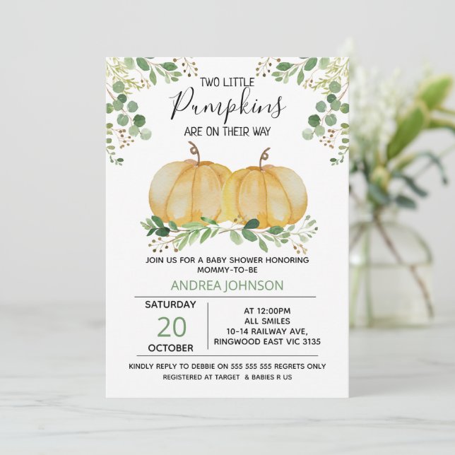 Invitation Twins Citrouille Green Foliage Baby shower Invitat (Debout devant)