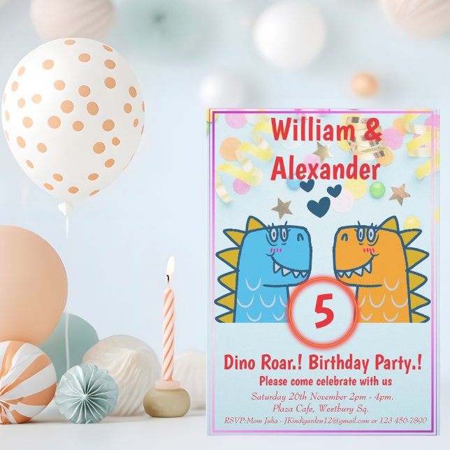 Invitation Twins Dino Roar fête d'anniversaire (Twins Dino Roar Birthday)