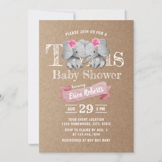 Invitation Twins Elephant Rustic Kraft Girl Baby shower (Devant)