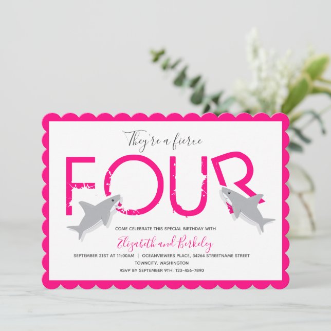 Invitation Twins Fierce Four Hot Rose Shark Anniversaire (Debout devant)