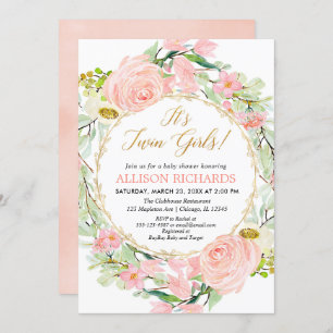 Invitation Twins filles baby shower, floral blush or rose