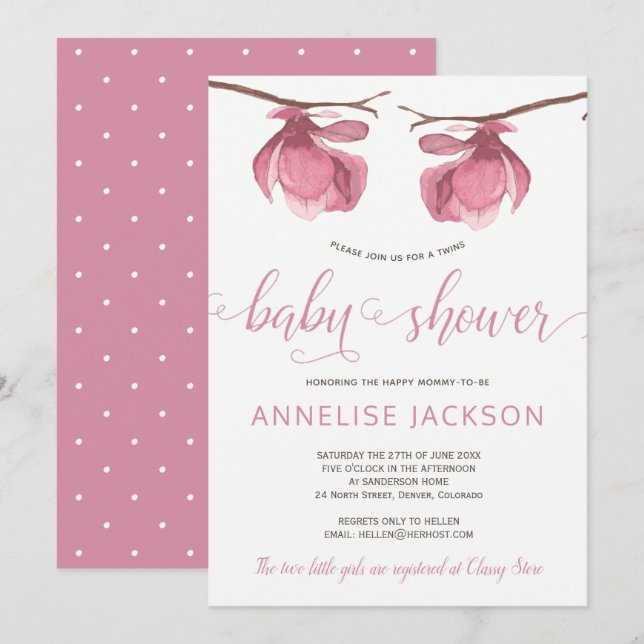 Invitation Twins filles rose blanc baby shower floral (Devant / Derrière)