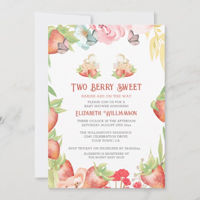 Invitation Twins Fraise Berry Baby shower doux (Devant)