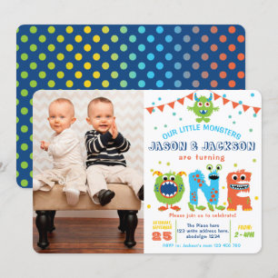 Invitation Twins garçon 1er anniversaire monster photo de la