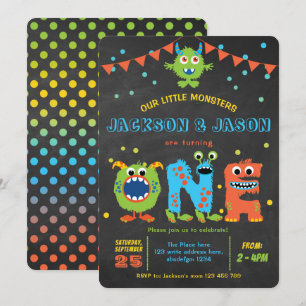 Invitation Twins garçon 1er anniversaire petite fête de monst
