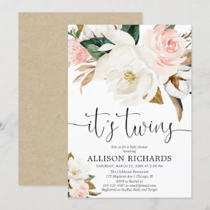 Invitation Twins garçon fille blanc rose baby shower rustique