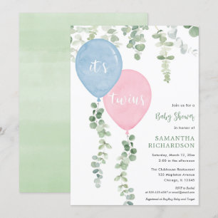 Invitation Twins garçon fille bleu ballons rose baby shower