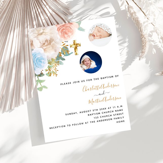 Invitation Twins garçon fille bleu rose photo luxe baptême (Créateur téléchargé)
