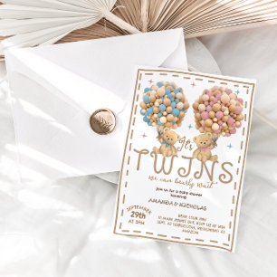 Invitation Twins Garçon ours bleu rose Baby shower de ballon