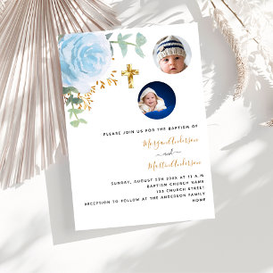 Invitation Twins garçons bleu floral photo baptême