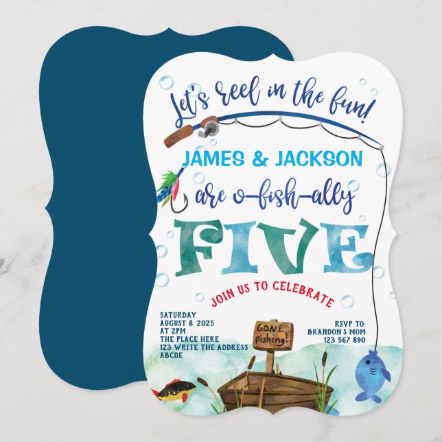 Invitation Twins garçons petit pêcheur thème 5e (Devant / Derrière)