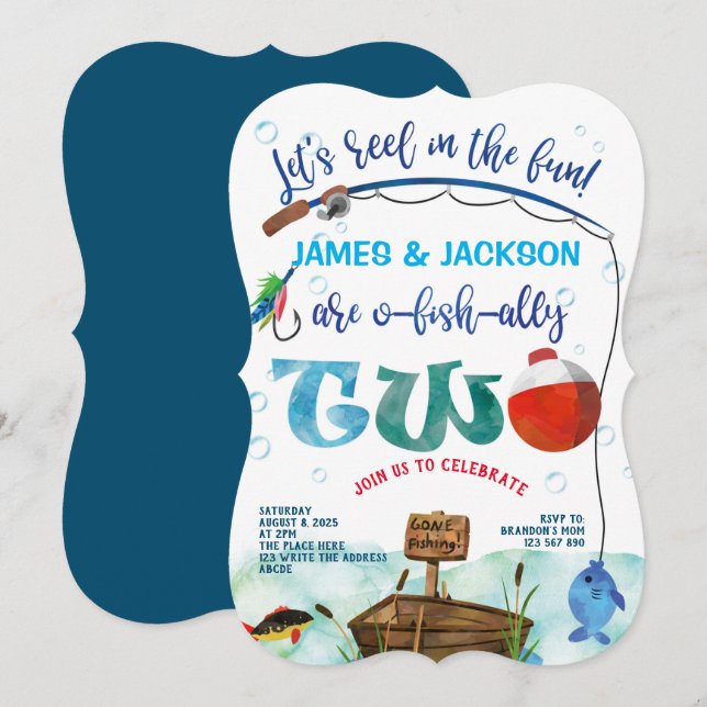 Invitation Twins garçons petit pêcheur thème de la pêche 2ème (Devant / Derrière)