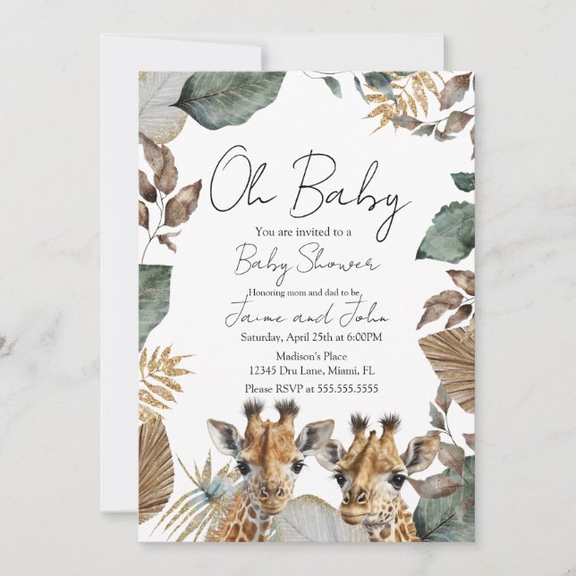 Invitation Twins Giraffe Jungle Wild Details Baby Shower (Devant)