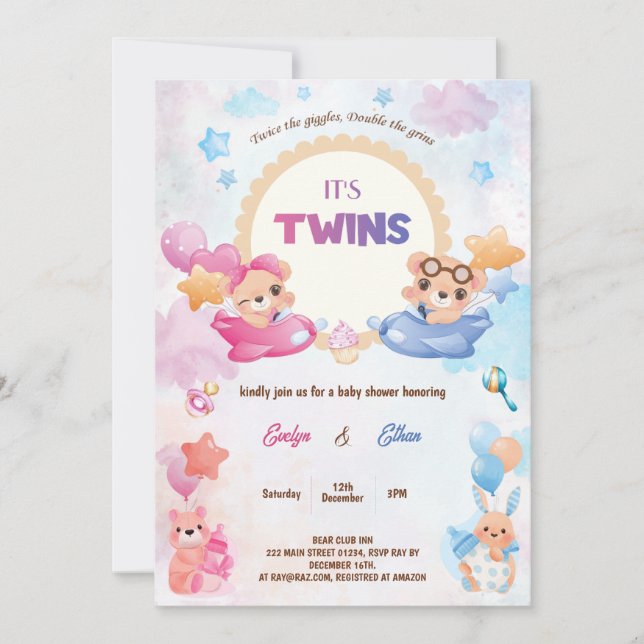 Invitation Twins Girl Boy Bear Baby shower d'avion (Devant)
