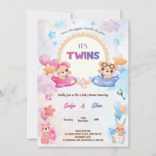 Invitation Twins Girl Boy Bear Baby shower d'avion