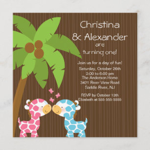 Invitation Twins Girl Boy Safari Jungle Giraffe Enfant Annive