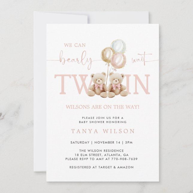 Invitation Twins Girl Teddy Bear Baby shower d'attente (Devant)
