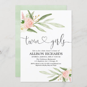 Invitation Twins girls, baby shower fleuri vert doré rose or