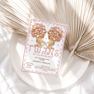 Invitation Twins Girls Bear Baby shower Balloon rose