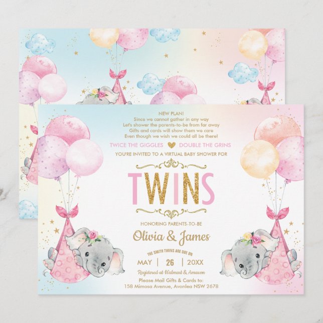 Invitation Twins Girls Elephant Baby shower virtuel par courr (Devant / Derrière)