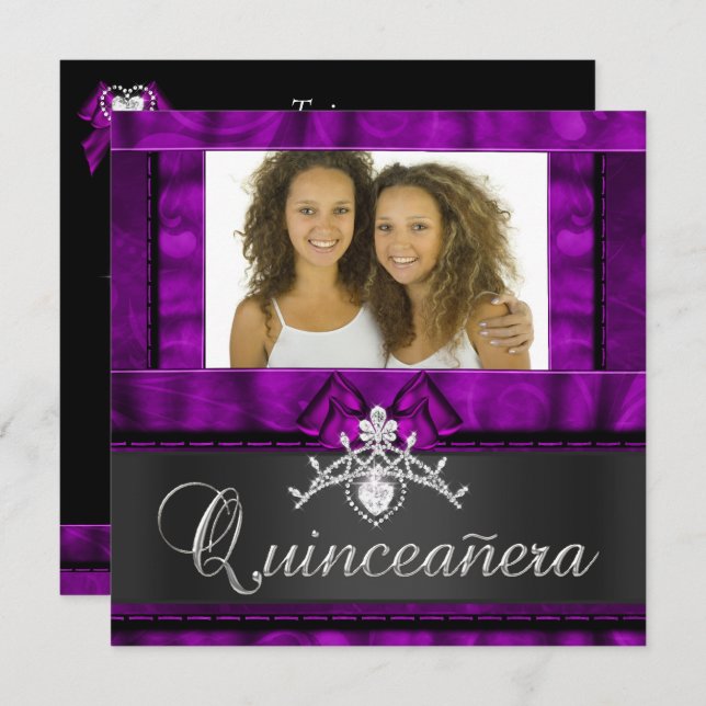 Invitation Twins Girls Purple Quinceanera 15e anniversaire (Devant / Derrière)