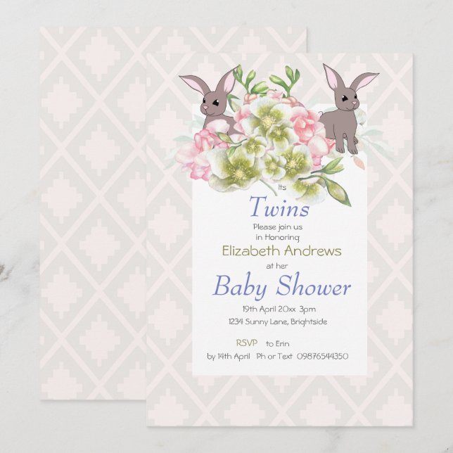 Invitation Twins Grey et Rose Floral Bunny Shower (Devant / Derrière)