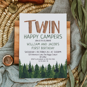 Invitation Twins Happy Campers Woodland Boys 1er anniversaire