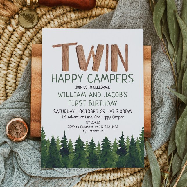 Invitation Twins Happy Campers Woodland Boys 1er anniversaire (Créateur téléchargé)
