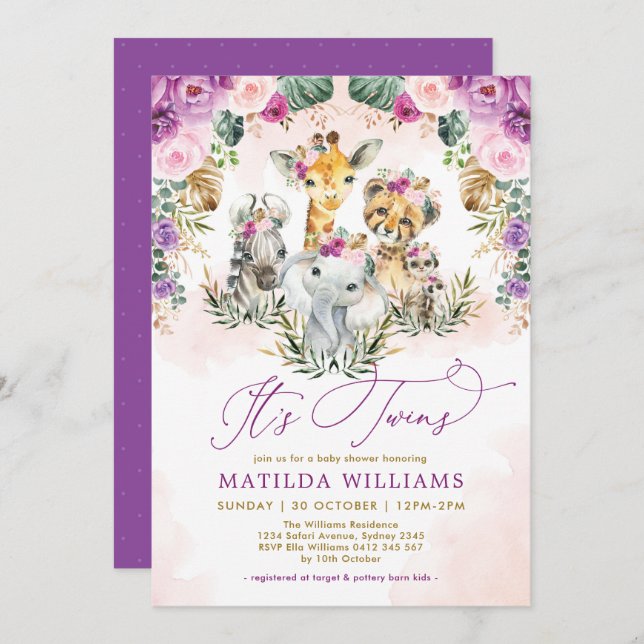 Invitation Twins Jungle Safari Animaux Boho Girl Baby shower (Devant / Derrière)