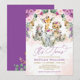 Invitation Twins Jungle Safari Animaux Boho Girl Baby shower