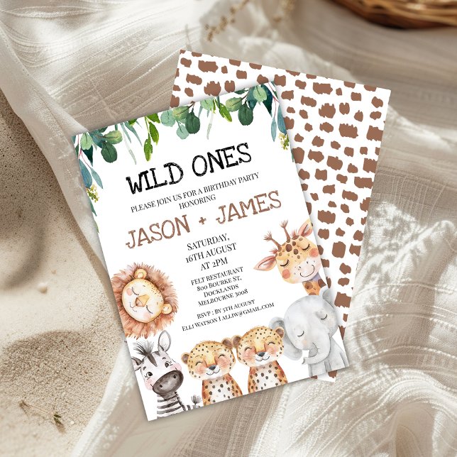 Invitation Twins Leopards Wild Ones Safari 1er anniversaire (Twin Boys Safari Wild Ones Birthday Invitation, Cheetah Print, Cute Safari Animals Birthday Invite)