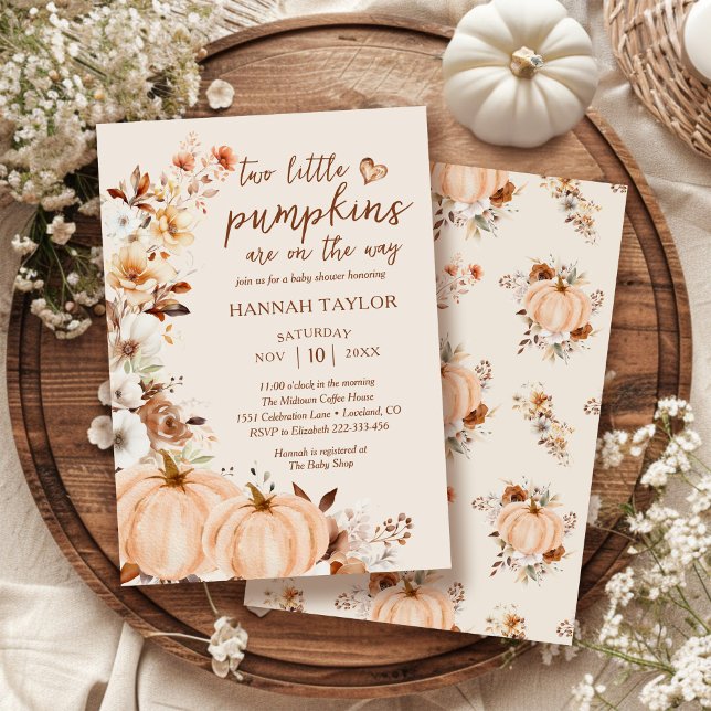 Invitation Twins Little Citrouille Fall Floral Baby shower (Créateur téléchargé)