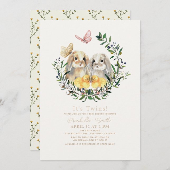 Invitation Twins Lop Lapin Lapin Lapin Baby shower Papillon d (Devant / Derrière)