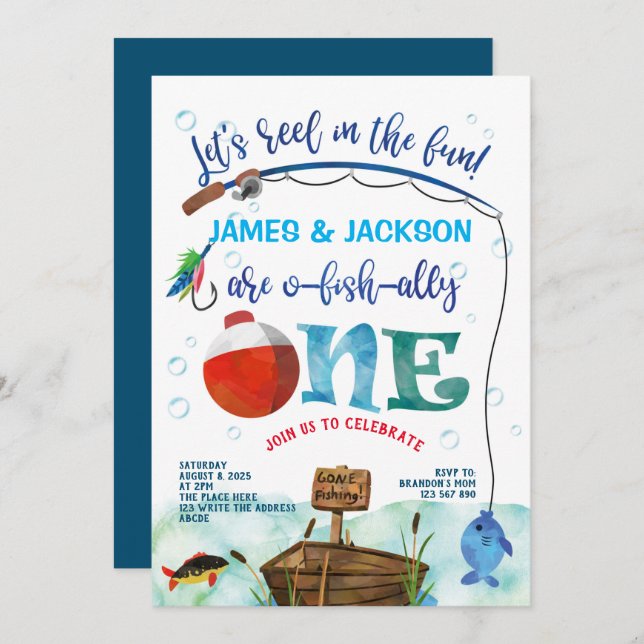 Invitation Twins O-fish-ally Little Fisherman 1er anniversair (Devant / Derrière)