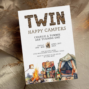Invitation Twins One Happy Camper Rustique 1er anniversaire