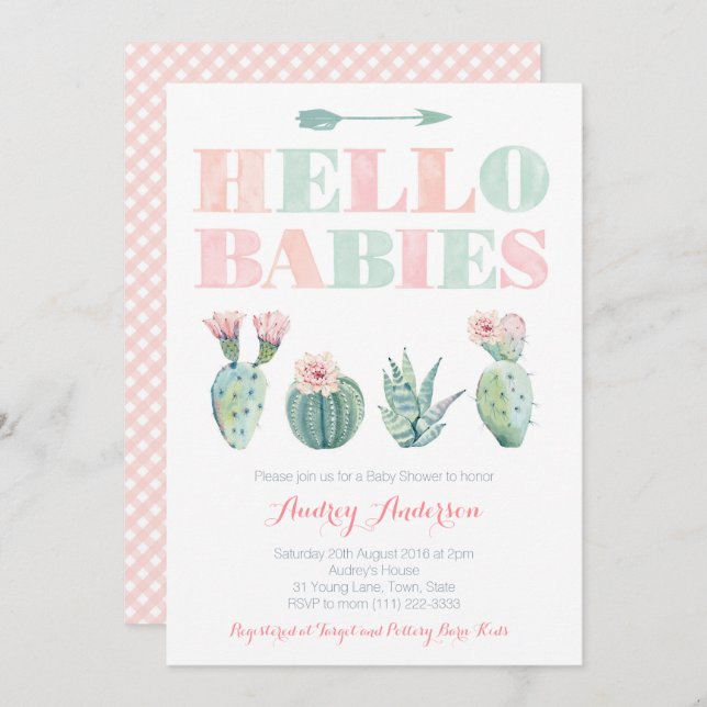 Invitation Twins ou Joint Baby shower Party avec Succulents (Devant / Derrière)