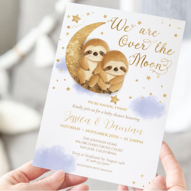 Invitation Twins Over the Moon Sloth Gold Blue Baby Shower In (Créateur téléchargé)
