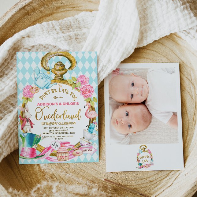 Invitation Twins Photo Watch Alice Dans L'Onederland Annivers (Twins large watch mad hatter hat Alice in onederland birthday invitation with a photo on the back.)
