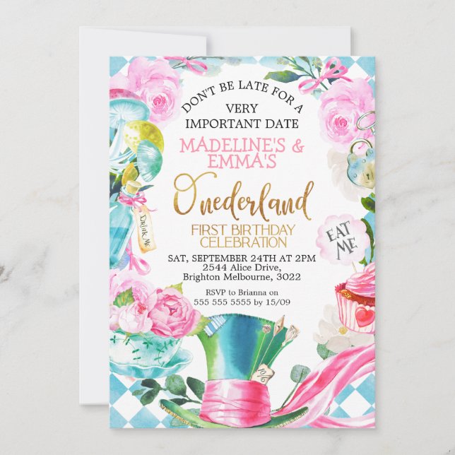 Invitation Twins Pink Blue Alice Dans l'Onederland 1er annive (Devant)