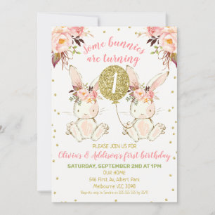 Invitation Twins Pink Gold Floral Bunny 1er anniversaire