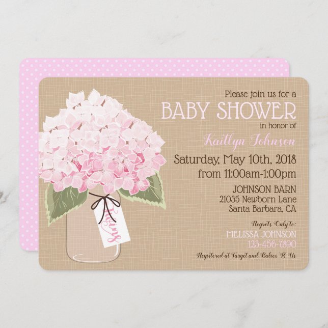 Invitation Twins Pink Hydrangea Mason Jar Baby shower rustiqu (Devant / Derrière)