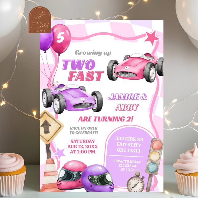 Invitation Twins Pink Racing Car Two Fast Girl 2e anniversair (Créateur téléchargé)