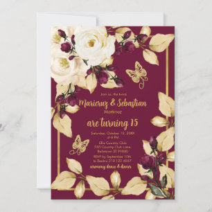 Invitation Twins Quinceañera Bourgogne Champagne et Or