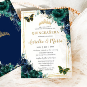 Invitation Twins Quinceañera Emerald Green Navy Blue Floral