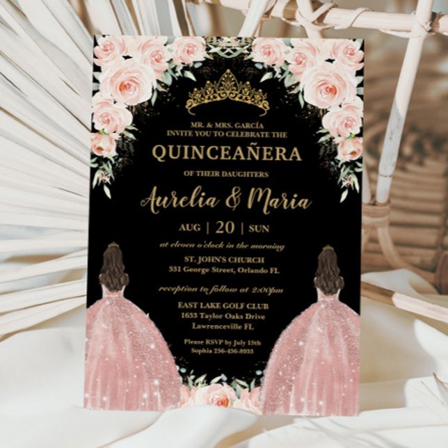 Invitation Twins Quinceañera Fleurs Roses Flore Douce Blush (blush pink floral twins joint quinceanera 15 xv birthday brunette girls in rose gold dresses invites)