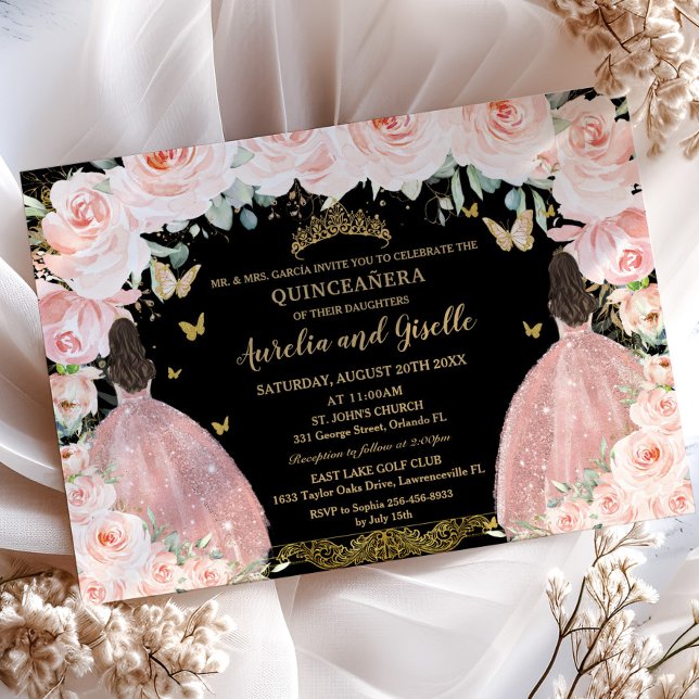 Invitation Twins Quinceañera Princess Blush Floral Gold Noir (elegant-blush-pink-floral-twins-princesses-rose-gold-dress-brunette-joint-sisters-quinceanera invite)